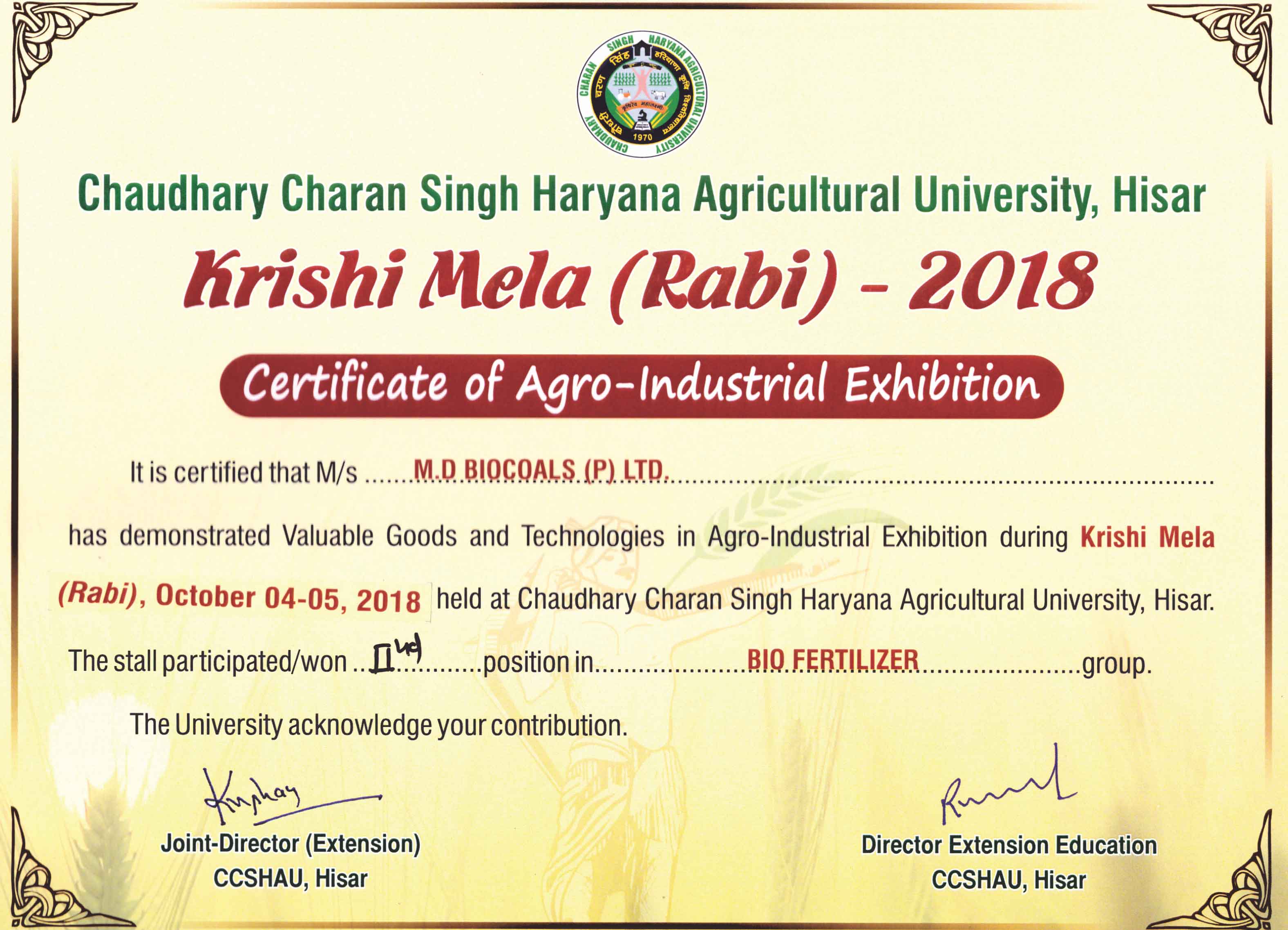 2nd Position Certificate of Agro-Industrial Exhibition, CCCS HAU, Hisar