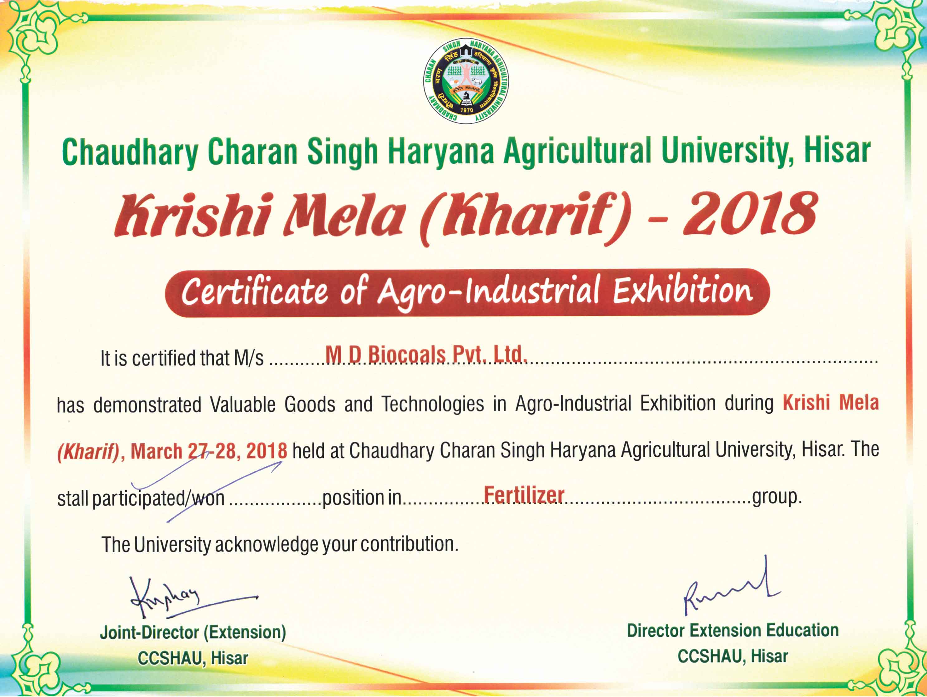 Certificate of Agro-Industrial Exhibition, CCCS HAU, Hisar